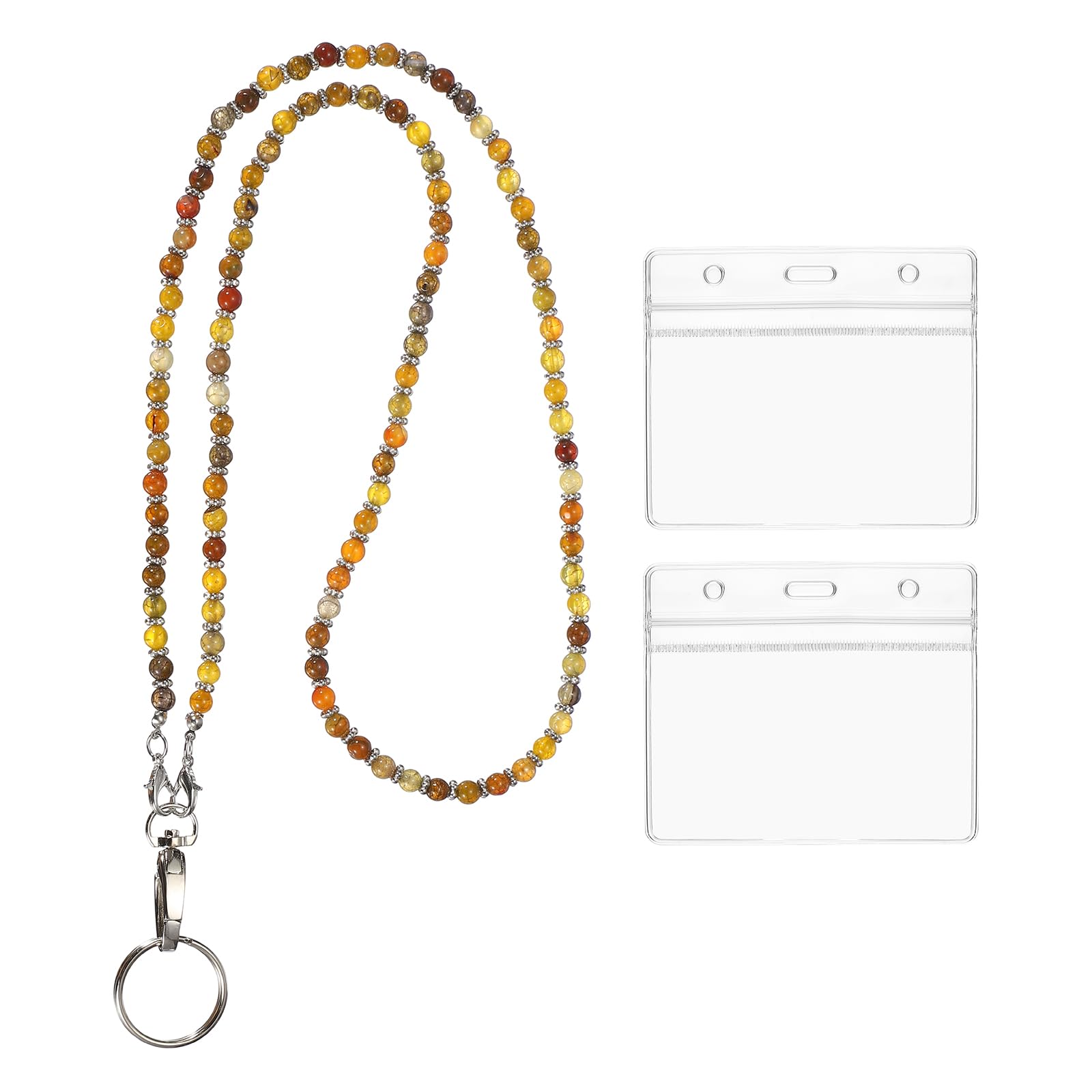 PATIKIL Beaded Lanyards for ID Badges, Cute Gemstone Beaded Keychain Necklace Lanyard with 2 Horizontal Badge Holders for Women Teacher Gift Keys Chain Cards, Orange