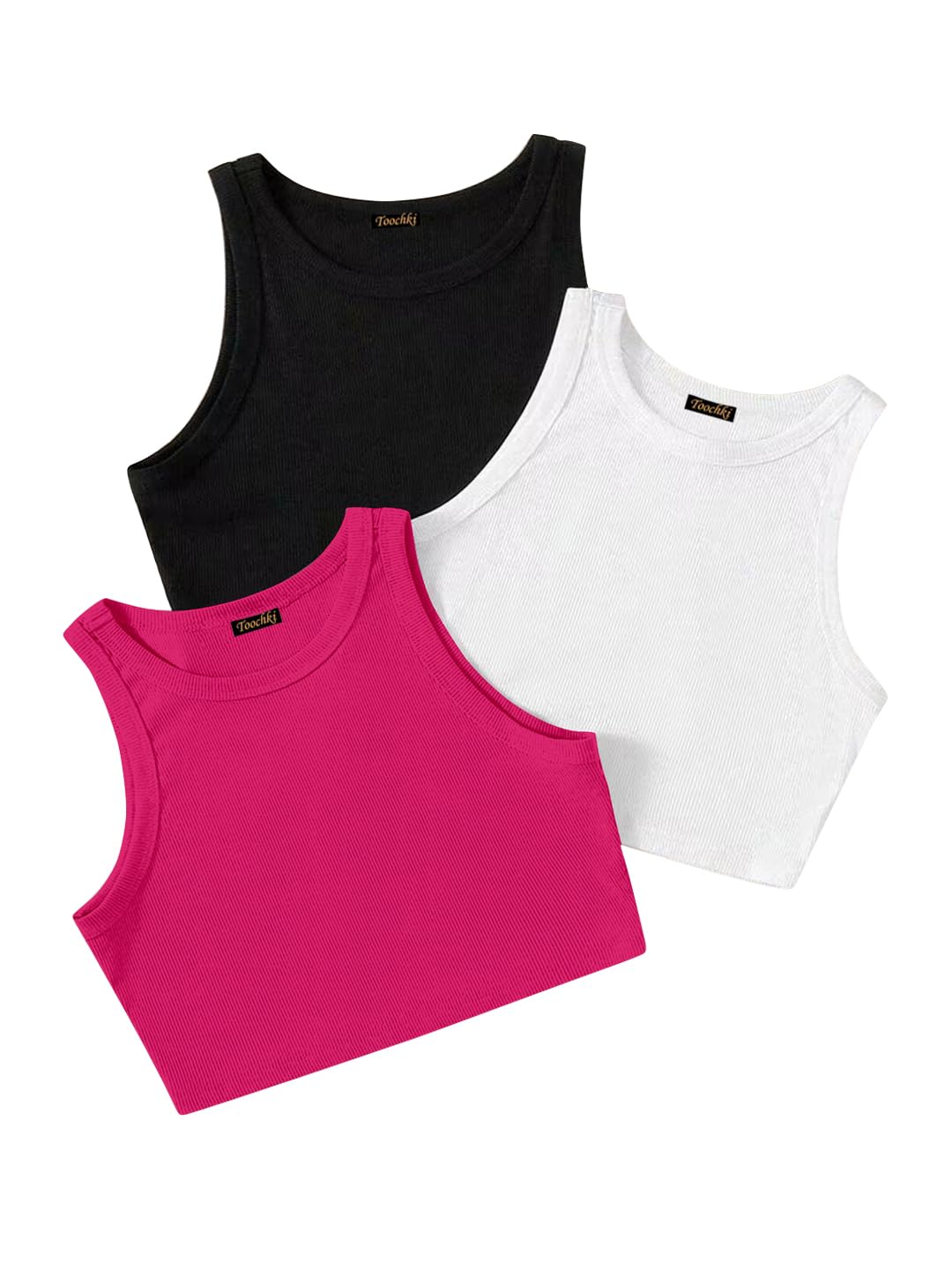 Paquete de 3 camisetas sin mangas acanaladas con cuello redondo para mujer