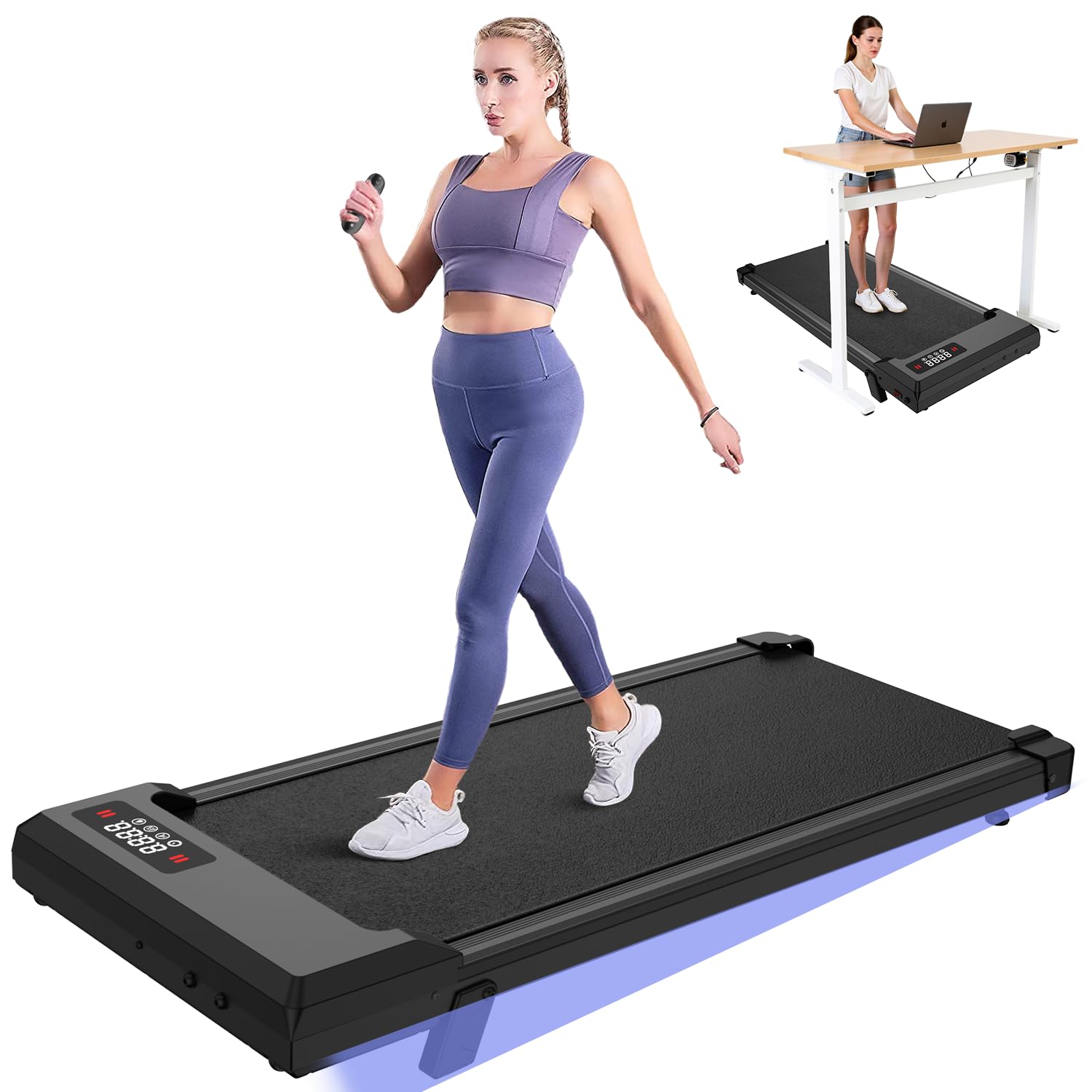 Dskeuzeew Walking Pad Treadmill with 7% Incline, 8KM/H Under Desk Portable Running Machine for Home Office, Compact Mini for Small Spaces, Installation-Free, Remote Control, LED Display