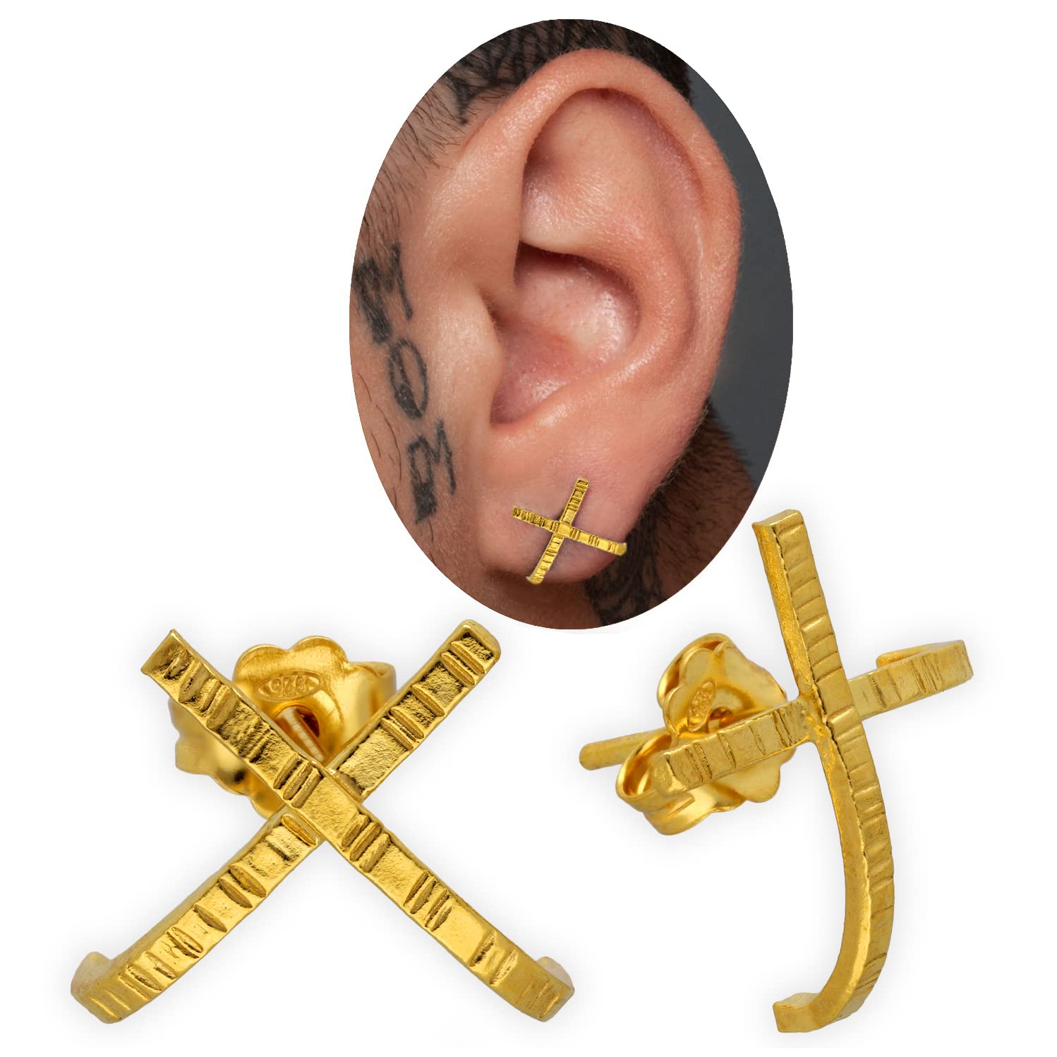 EMMANUELA handcrafted for you Aretes de plata esterlina para hombres X chapados en oro aretes hombres aretes huggie aretes hombres aretes negros joyería gótica hombres joyas pendientes góticos regalo (Chapado en oro)
