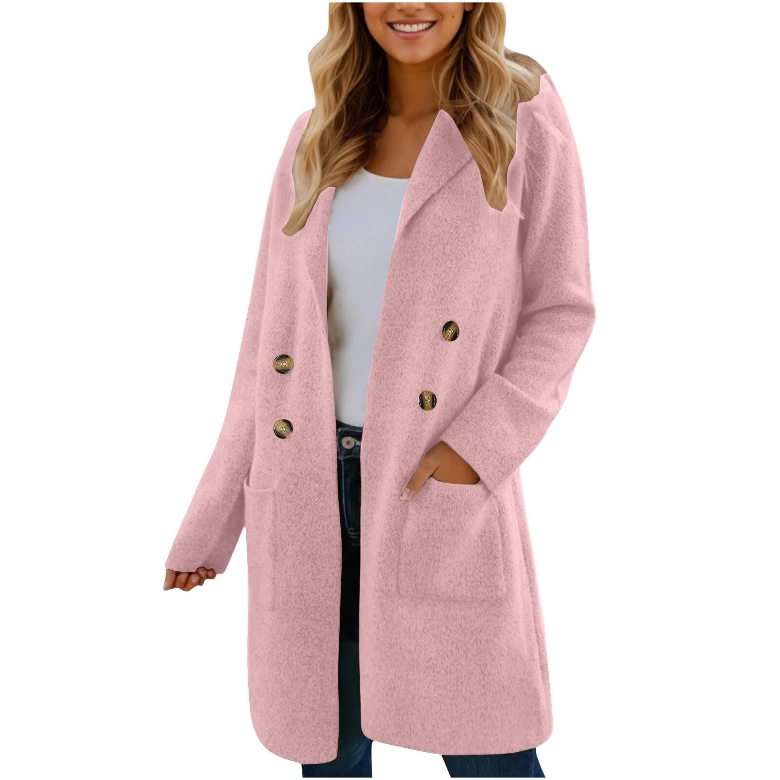 Womens Trench Coat Mid Length Double Breasted Trench Coat Fall Winter Clothes Lapel Collar Long Sleeve Jacket