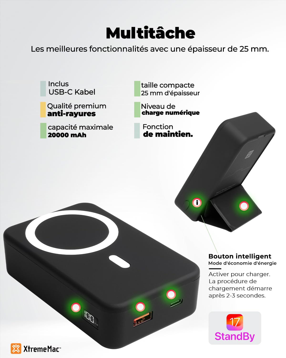 XtremeMac Magsafe Powerbank 20000mAh, Batería Externa magnética para iPhone 15/14/13/12 Serie, USB-C, USB-A y Powerbank inalámbrica con Carga rápida, Mini Power Bank PD 20W, Potente, Negro.
