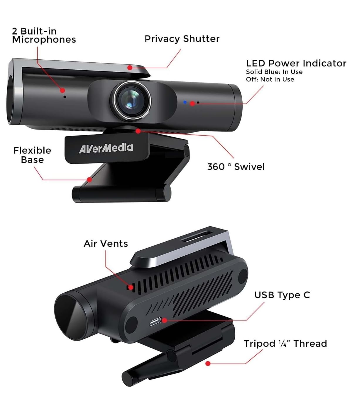 AVerMedia 4K UHD Business Webcam PW515, Enfoque automático, ePTZ, Control de Gestos, HDR y reducción de Ruido 3D, Campo de visión Variable para Zoom, Equipos, Skype, portátil y MacBook, Color Negro