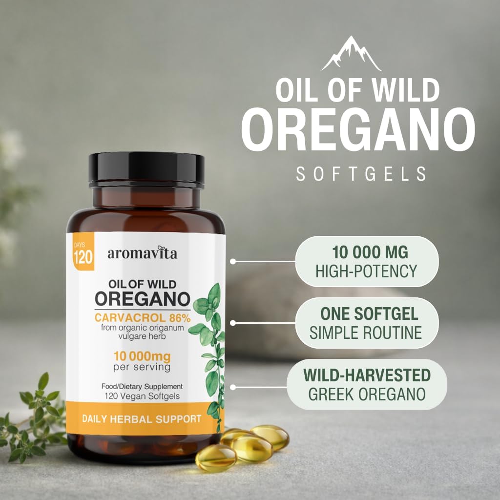 Vegan Wild Oregano Oil Capsules Organic, 86-90% Carvacrol - 10000 mg Oil of Oregano per Softgel - Immune and Digestive Support, Natural Antioxidant, Vegan, Non GMO, 120 Capsules
