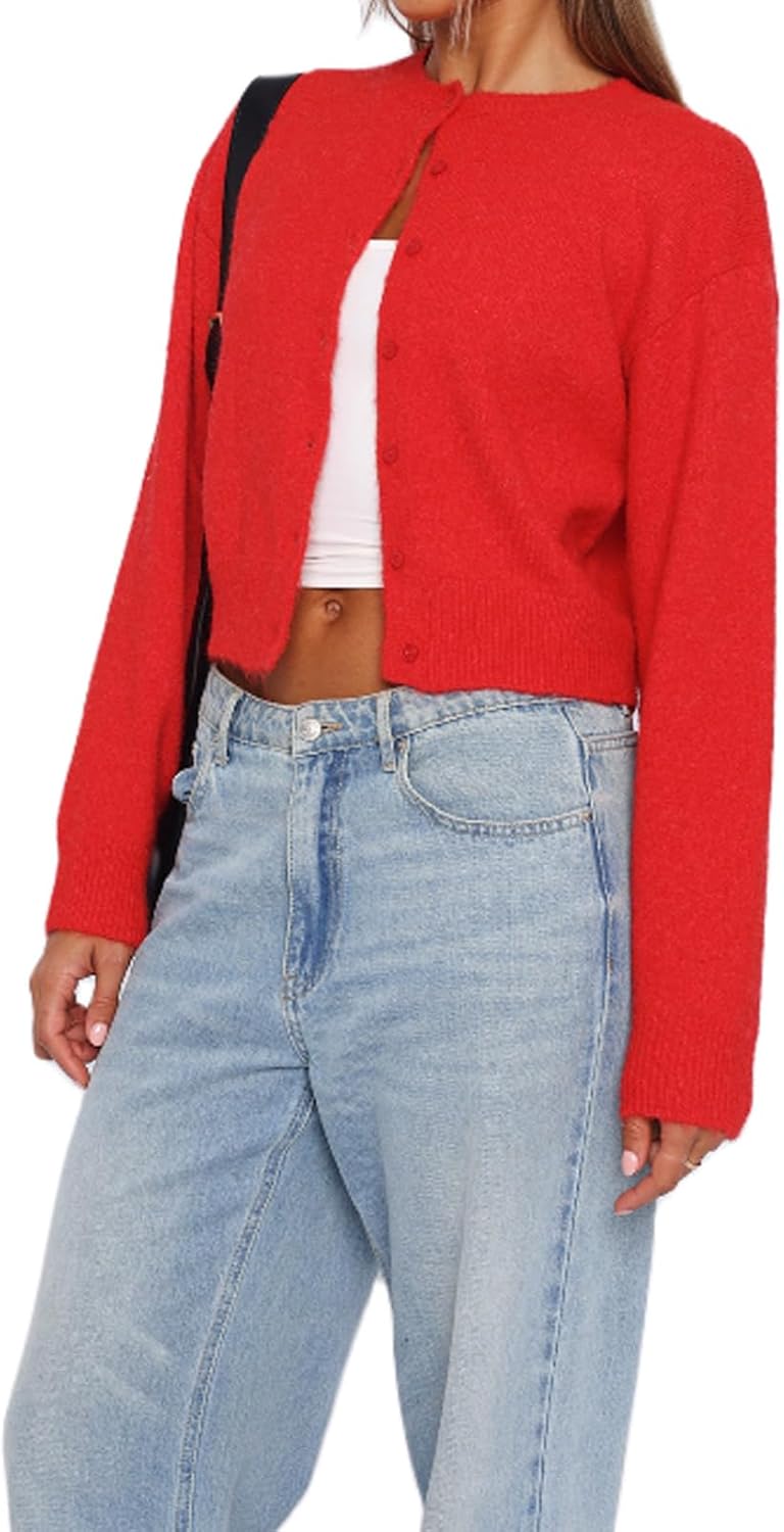 Womens Y2K Cardigan Sweaters Long Sleeve Open Front Button Down Crop Sweater Solid Knit Pullover Fall Outfits Tops