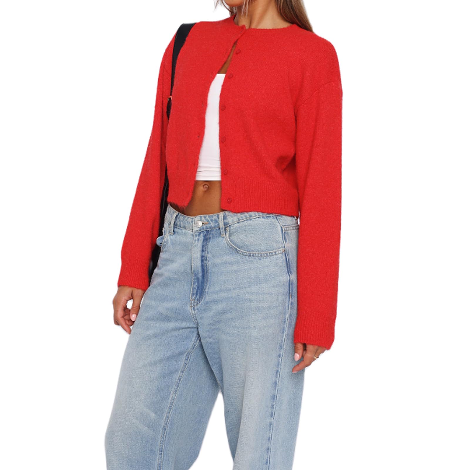 Womens Y2K Cardigan Sweaters Long Sleeve Open Front Button Down Crop Sweater Solid Knit Pullover Fall Outfits Tops