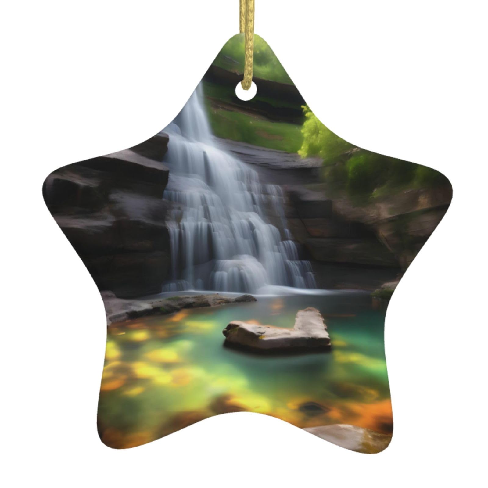 Waterfall Views Christmas Ceramic Star Pendant with Punched Holes and Gold Wire Rope, Christmas Tree Home Decoration
