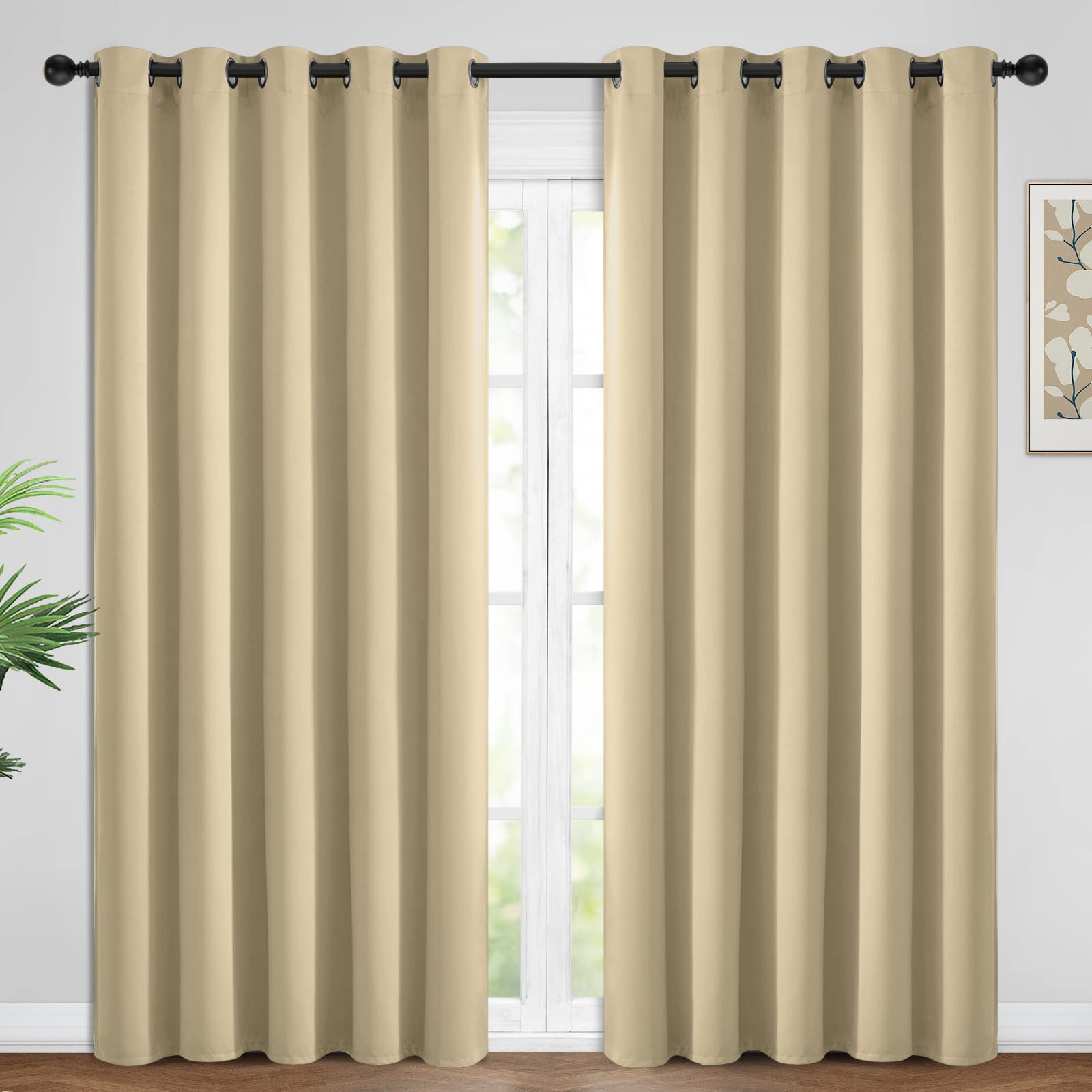 Yakamok Blackout Curtains Room Darkening Thermal Insulated Window Panels,Solid Grommet Top Drapes for Bedroom/Living Room(62Wx84L, Beige, 2 Panels)