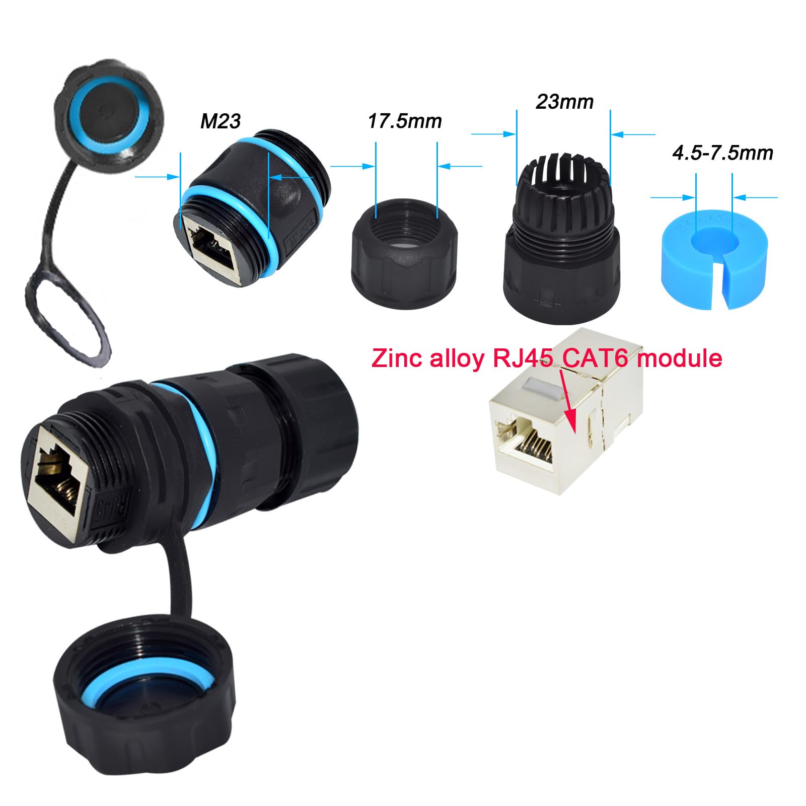 Lot de 5 connecteurs RJ45 CAT6 étanches étanches M23 IP68 pour montage sur panneau de 5,5 cm