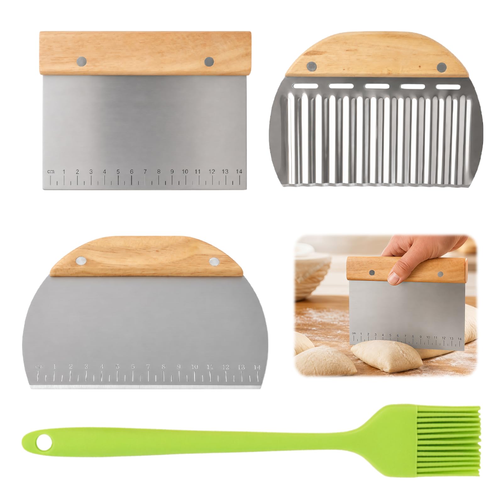 3 Pcs Stainless Steel Dough Scraper with Handle,Bench Scraper Kitchen Scrapers with Measuring Scale,Flexible Pastry Cutter,Bread Dough Cutter for Pizza Bread Making Accessories(3 Styles + 1 Brush)