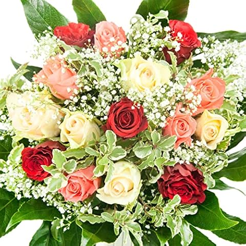 Bunter Blumenstrauß - 15 Rosen und Schleierkraut - Bumo - Strauß inklusive Grußkarte # Geburtstag # Freundschaft Cover
