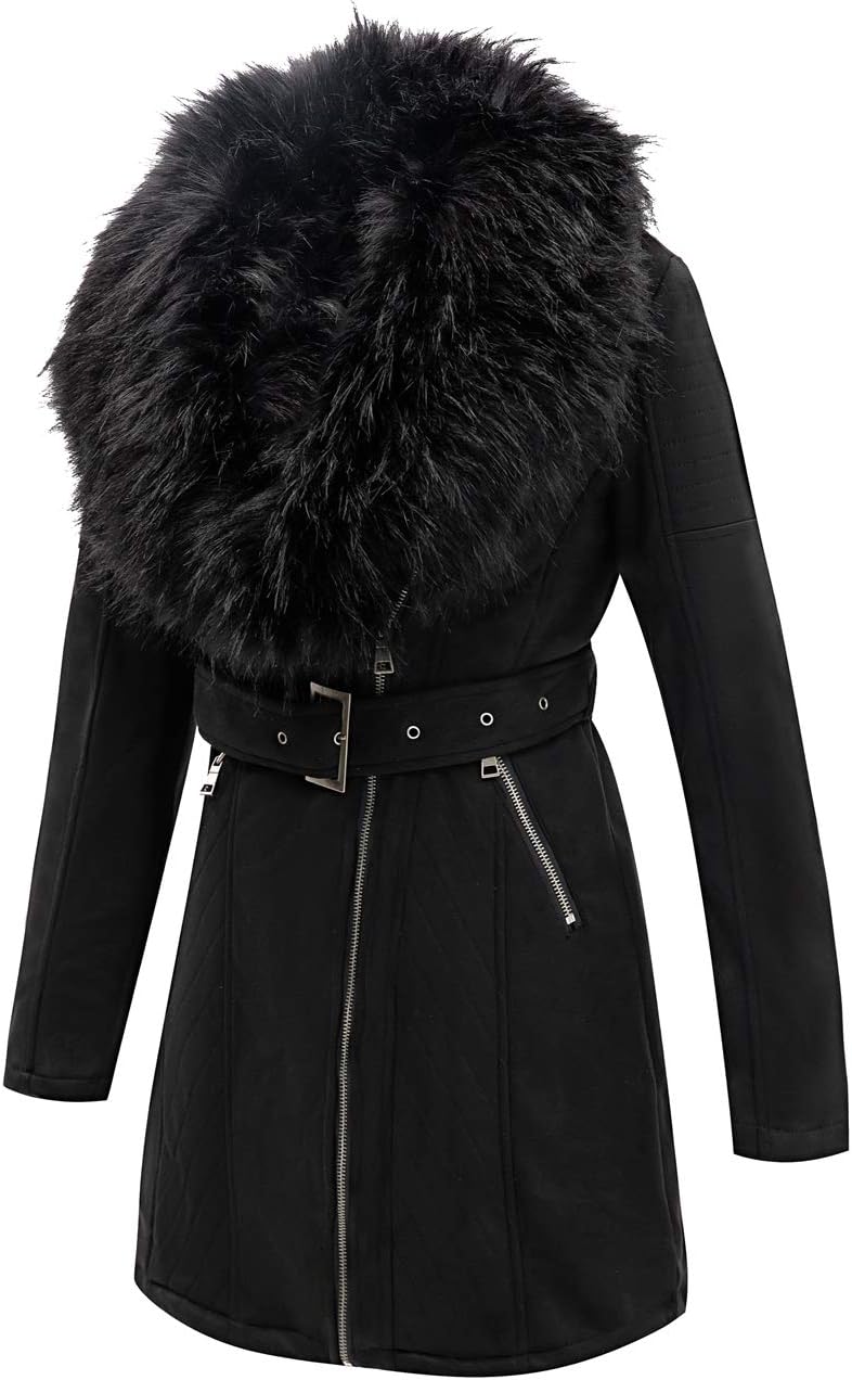Bellivera Women Faux Leather Trench Coat Fleece-Lined Mid-length Jacket with Detachable Fur Collar - Image 2