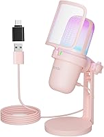 Vista 1 de USB Microphone Gaming for PC Pink，Mini Computer Gaming Mic for PS4/ PS5/ Mac,Streaming Microphone for PC Gaming,Condenser Mic with RGB