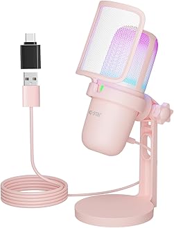 USB Microphone Gaming for PC Pink，Mini Computer Gaming Mic for PS4/ PS5/ Mac,Streaming Microphone for PC Gaming,Condenser Mic with RGB Streaming,PopFilter,Shock Mount for Recording,Podcasting