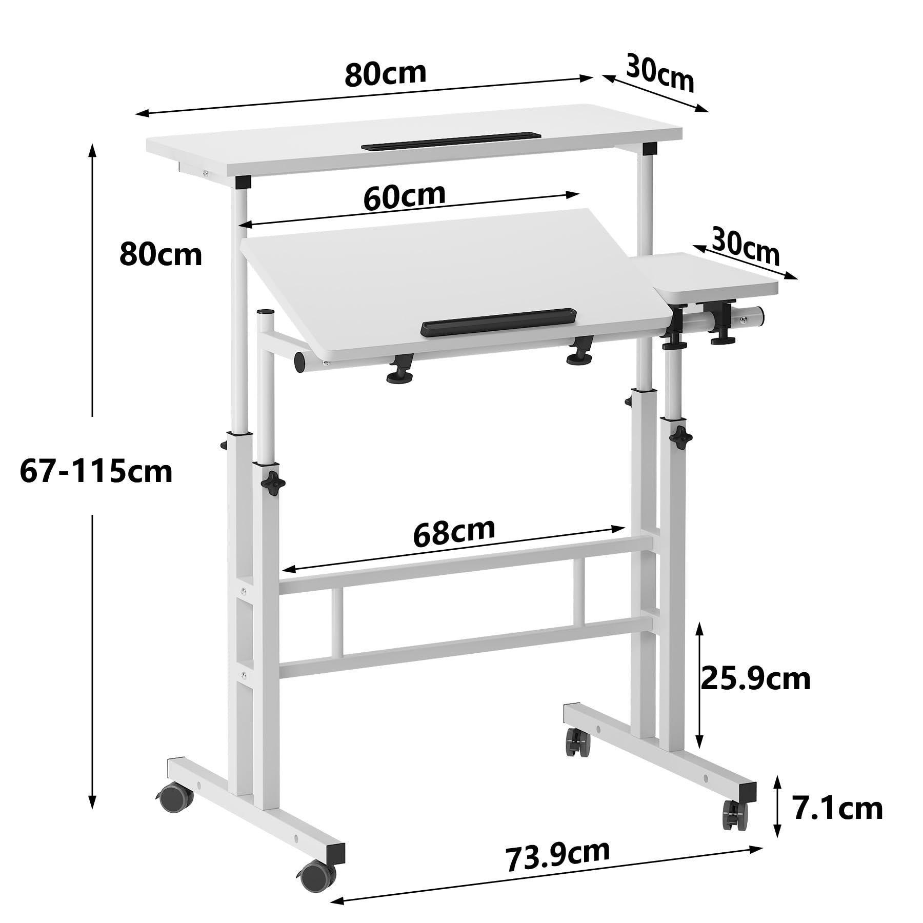 sogesfurniture Table Roulante pour Ordinateur Portable Hauteur Réglable et Plateau Inclinable, 80x60cm Bureau Support Ordinateur Table d'appoint à roulettes pour Bureau Canapé Lit, Blanc