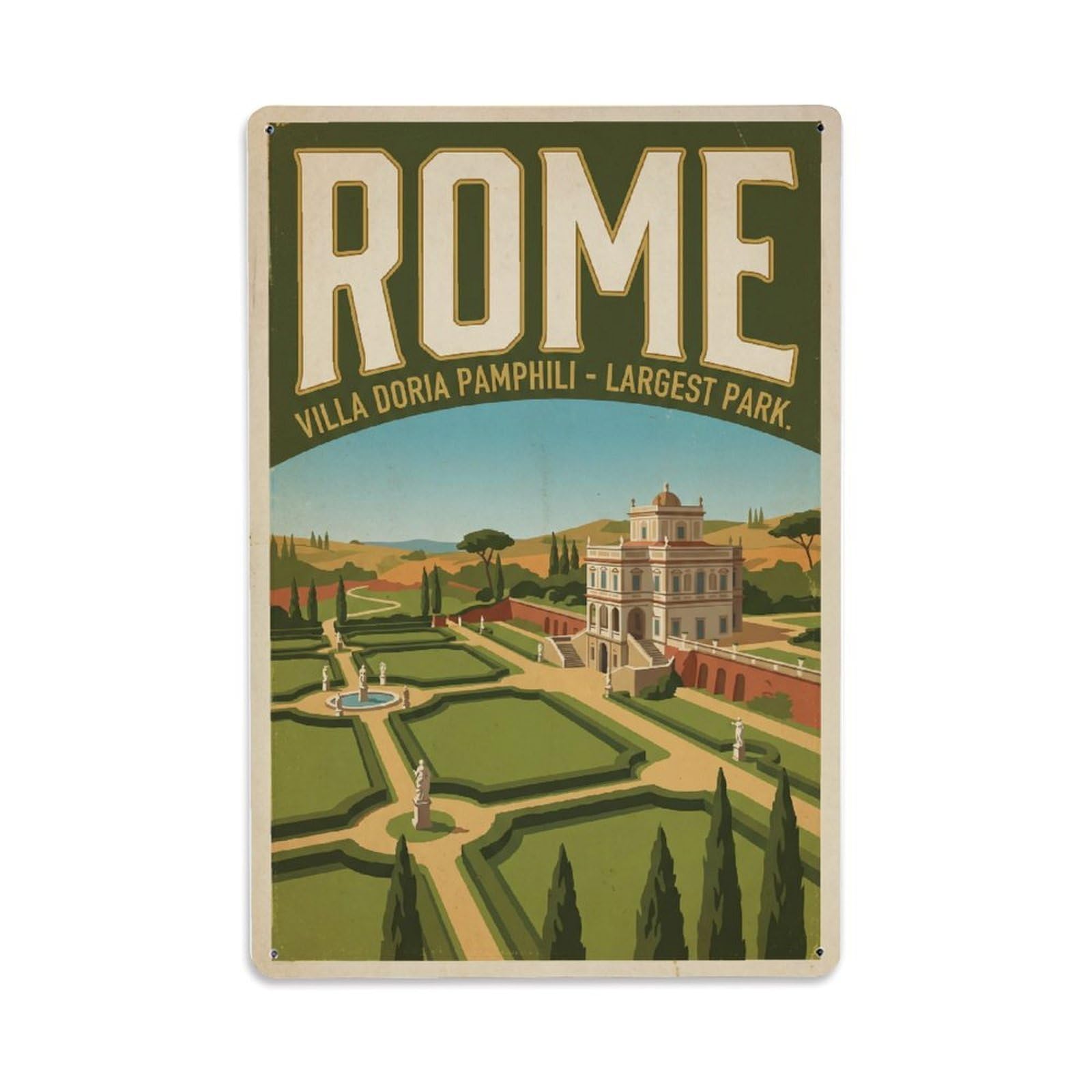Vintage Travel Rome Villa Doria Pamphili Largest Park Gardens Italy Metal Tin Sign Plaque Wall Decor for Cafe, Club Bar, Office, Home Garden Metal Poster 8x12Inch