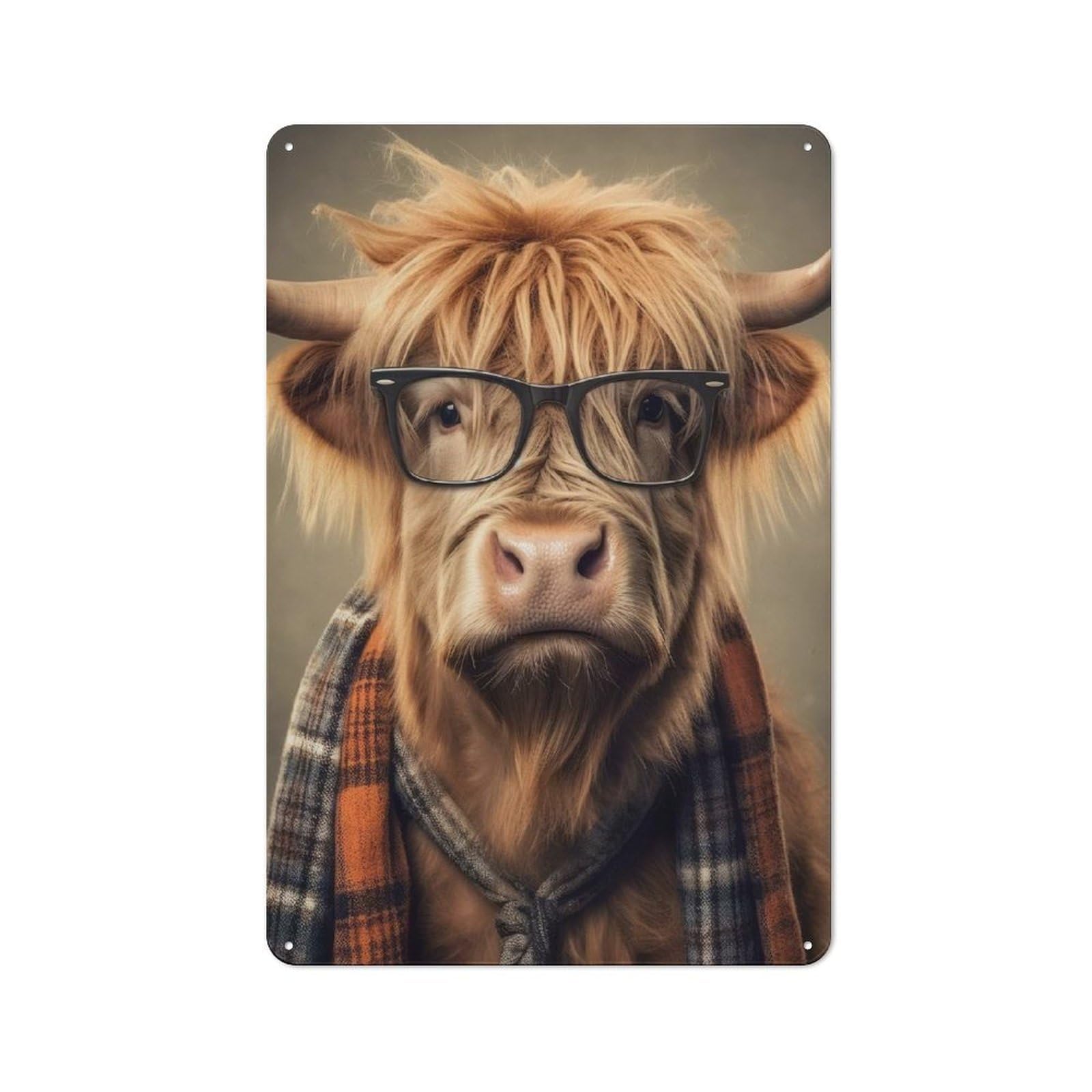Junmoney Style-21 Funny Dressed Highland Cow Rustic Tin Sign 30X20cm For Lounge Or Reading Corner, For Metal Sign Collectors, For Cafés, Pubs And Restaurants
