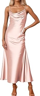 Women's Satin Dress Elegant Dressy Cowl Neck Spaghetti Strap Wedding Guest Evening Cocktail Party Maxi Dresses