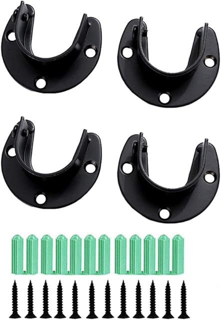 Concisea 4 Pcs Stainless Steel Wardrobe Closet Rod Bracket, Heavy Duty Closet Rod End Supports Flange Rod Holder with Screws, U Shaped, Suitable for Shower Curtain rod end Support(Black)