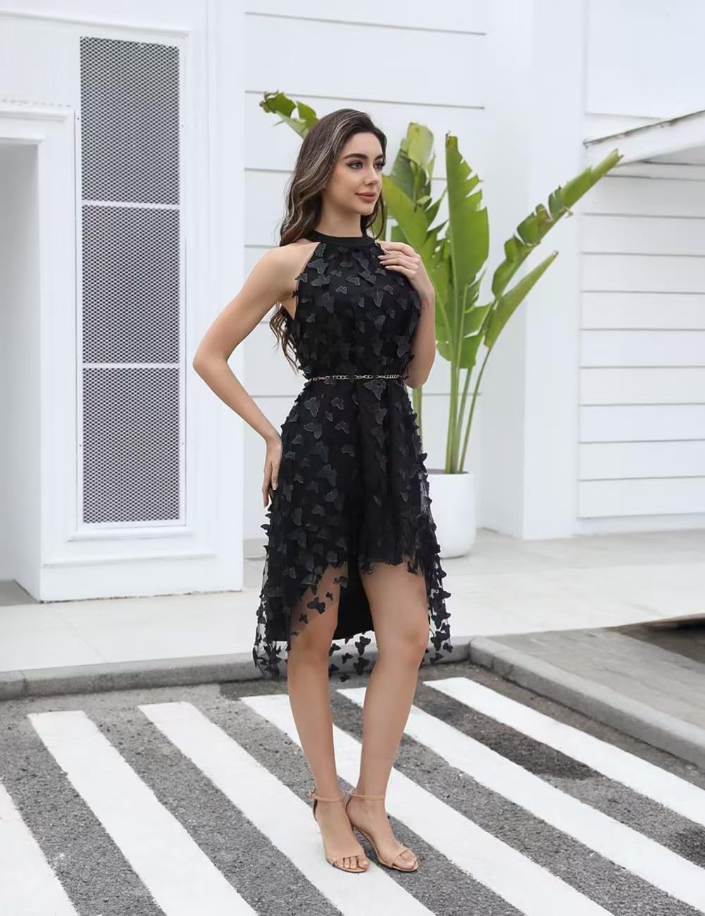 Women's Halter Neck Mini Cocktail Dress with Gold Waist Chain, High Low Party Club Homecoming Dress for Wedding - Image 4