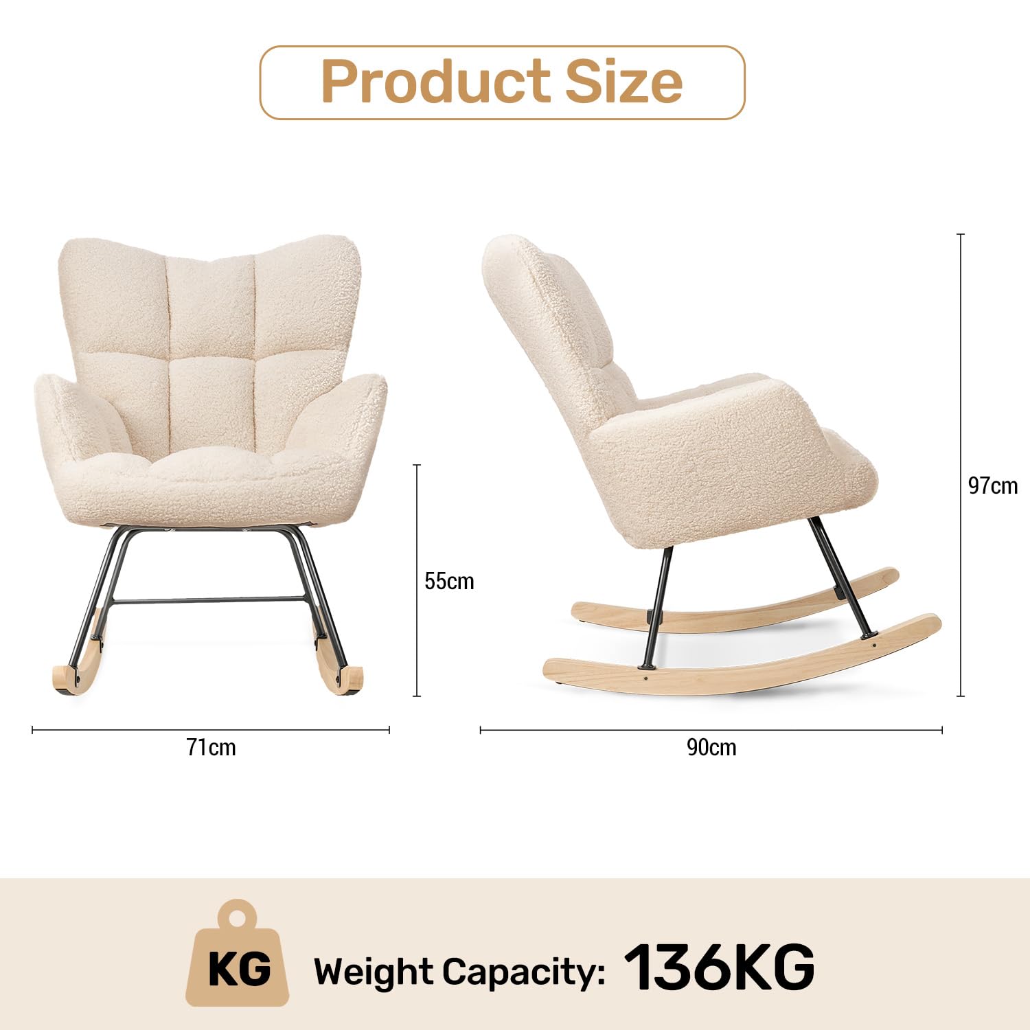 Hawthyhome Velours Fauteuil à Bascule, Rocking Chair, Fauteuil Allaitement, Chaise à Bascule Scandinave en Bois pour Chambre d' Enfant Chambre à Coucher Salon Balcon, Jusqu'à 136 kg - Beige
