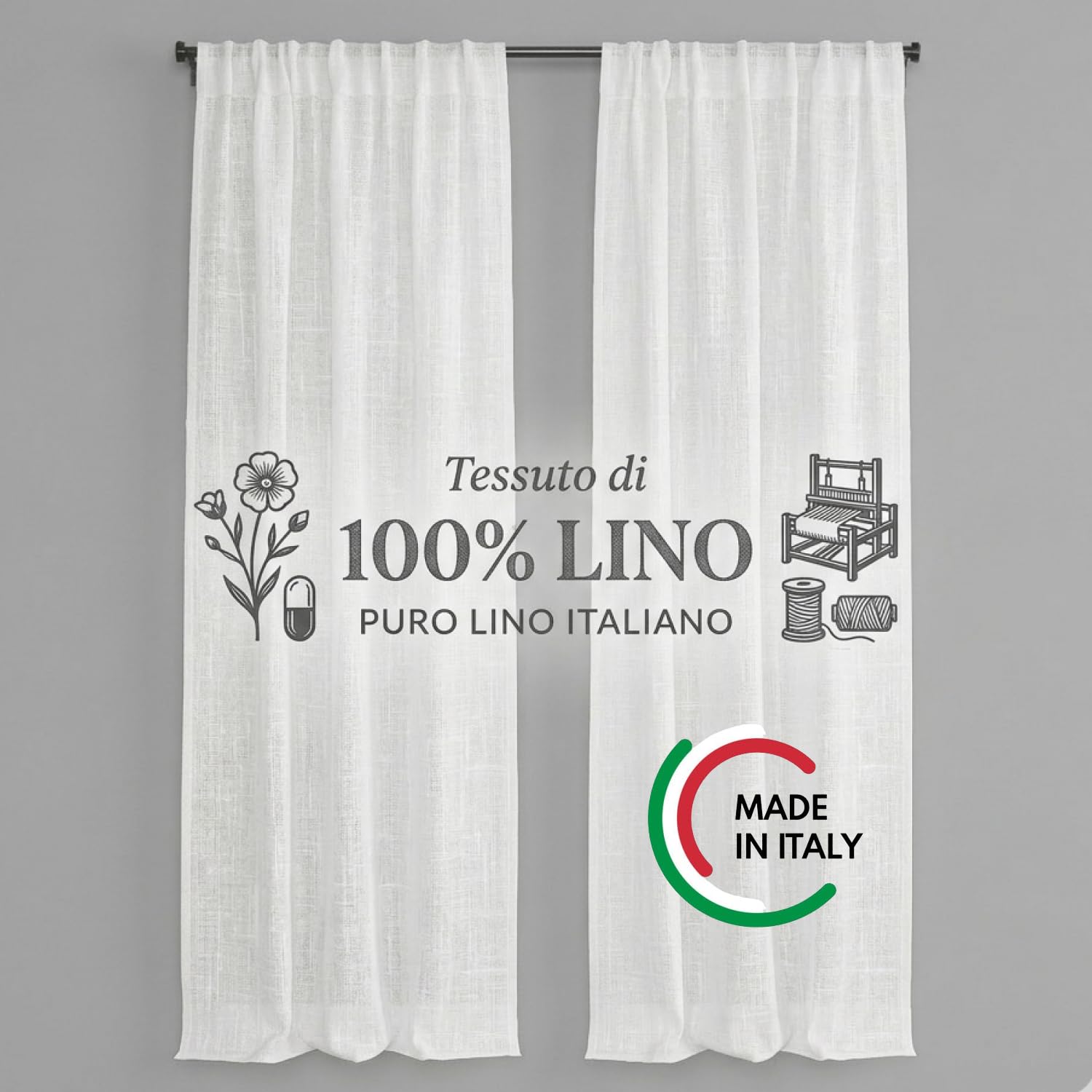 domus&trend Tenda Puro Lino 100% Made in Italy, Telo d'Arredo Grandi Altezze, Finitura Sartoriale Bastone e Binario, Semifiltranti 1 Pannello Tende per Interni Soggiorno (Bianco, 140 cm_x_310 cm)