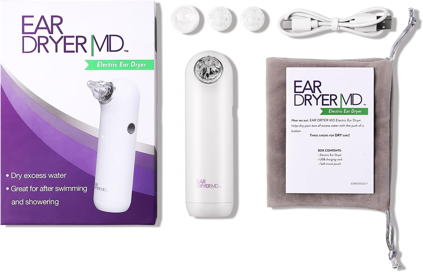 eosera Ear Dryer MD - Rechargeable Electric Ear Dryer with Compact Design and Various Size Tips | Perfect for Post-Shower or Swim Use