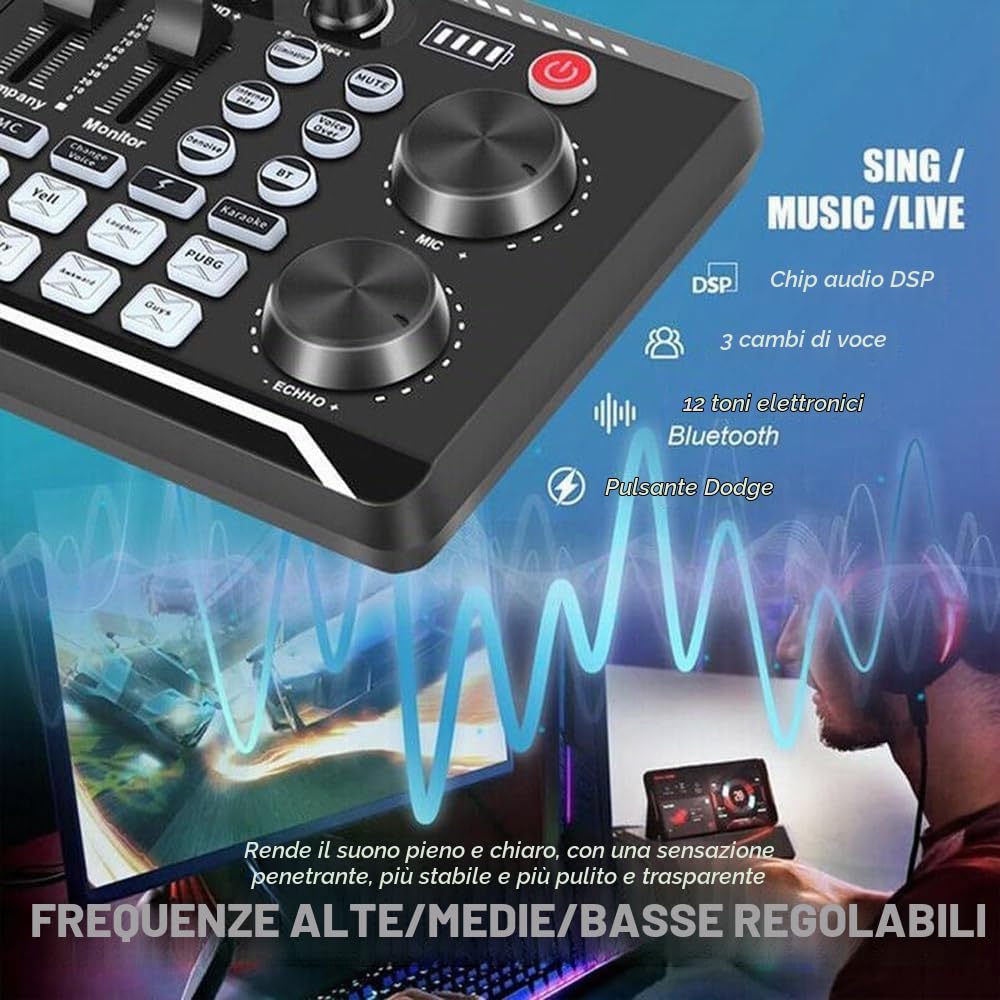Generico Scheda audio live con effetti mixer DJ e cambio voce, mixer audio F998, scheda audio per live streaming/giochi, mixer musicale DJ (A)