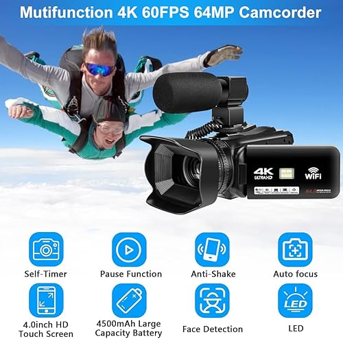 Miniatura 2 de Cámara de video 4K HD Auto Focus Videocámara 48MP 60FPS 30X Cámara de zoom digital para función LED YouTube 4500mAh batería con estabilizador de