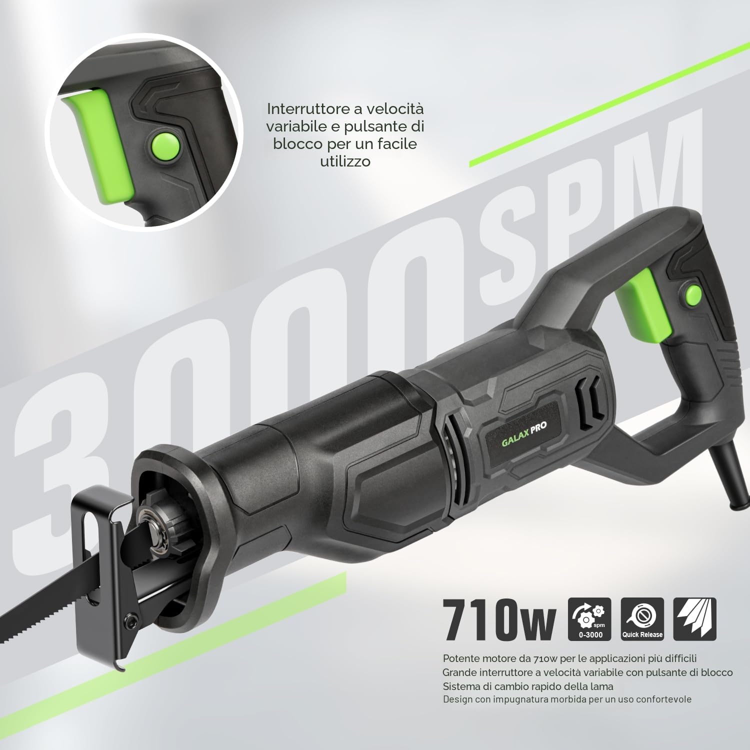 GALAX PRO Sega a reciprocazione da 710W con velocità variabile di 3000 SPM, per tagli precisi in legno, metallo e altro, cambio lama senza strumento