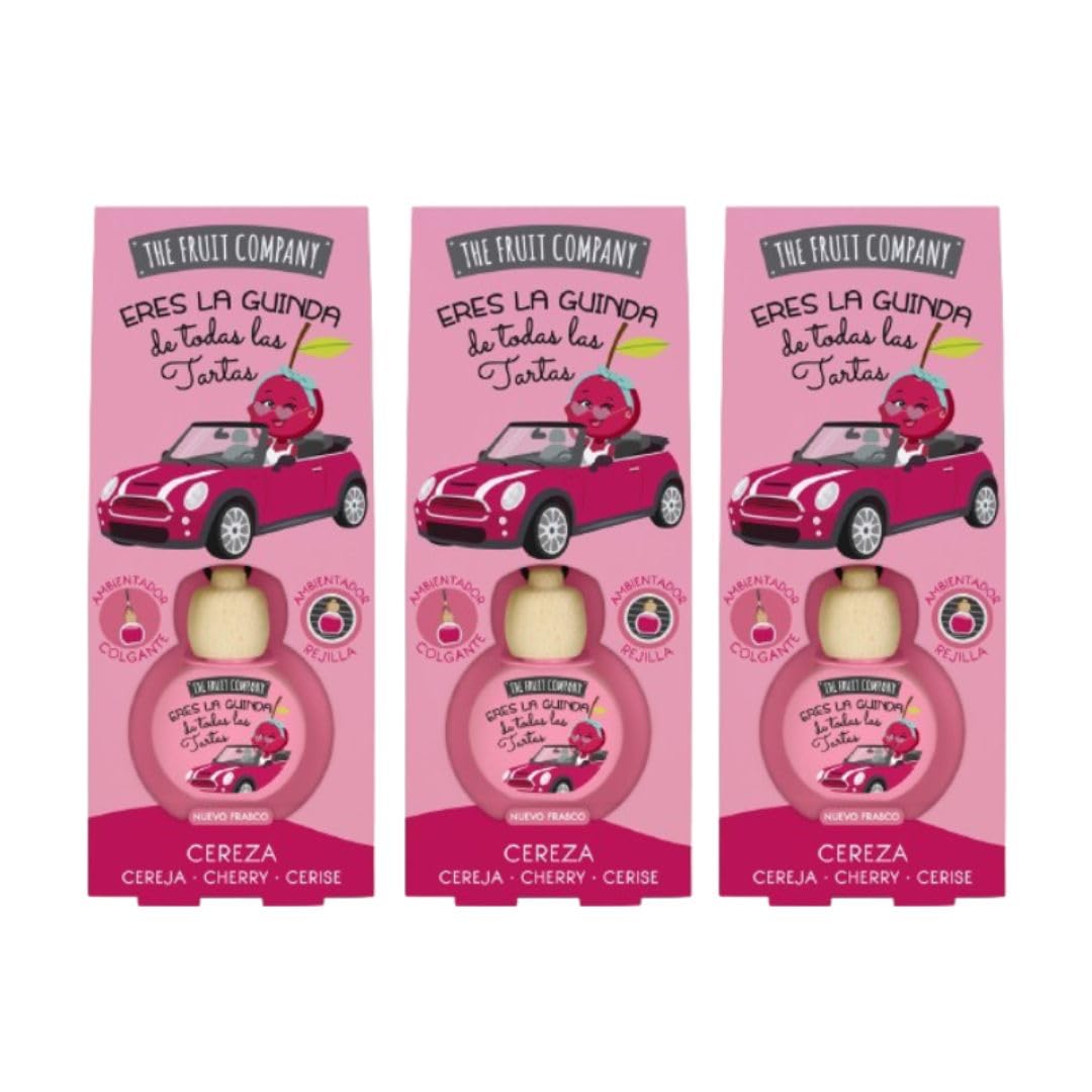 Pack de 3 Ambientadores Coche 2en1 The Fruit Company | Aroma Frutal, Absorbe Olores, Sin Alcohol, Extractos Naturales | Rejilla o Colgante | Larga Duración +45 Días (CEREZA)