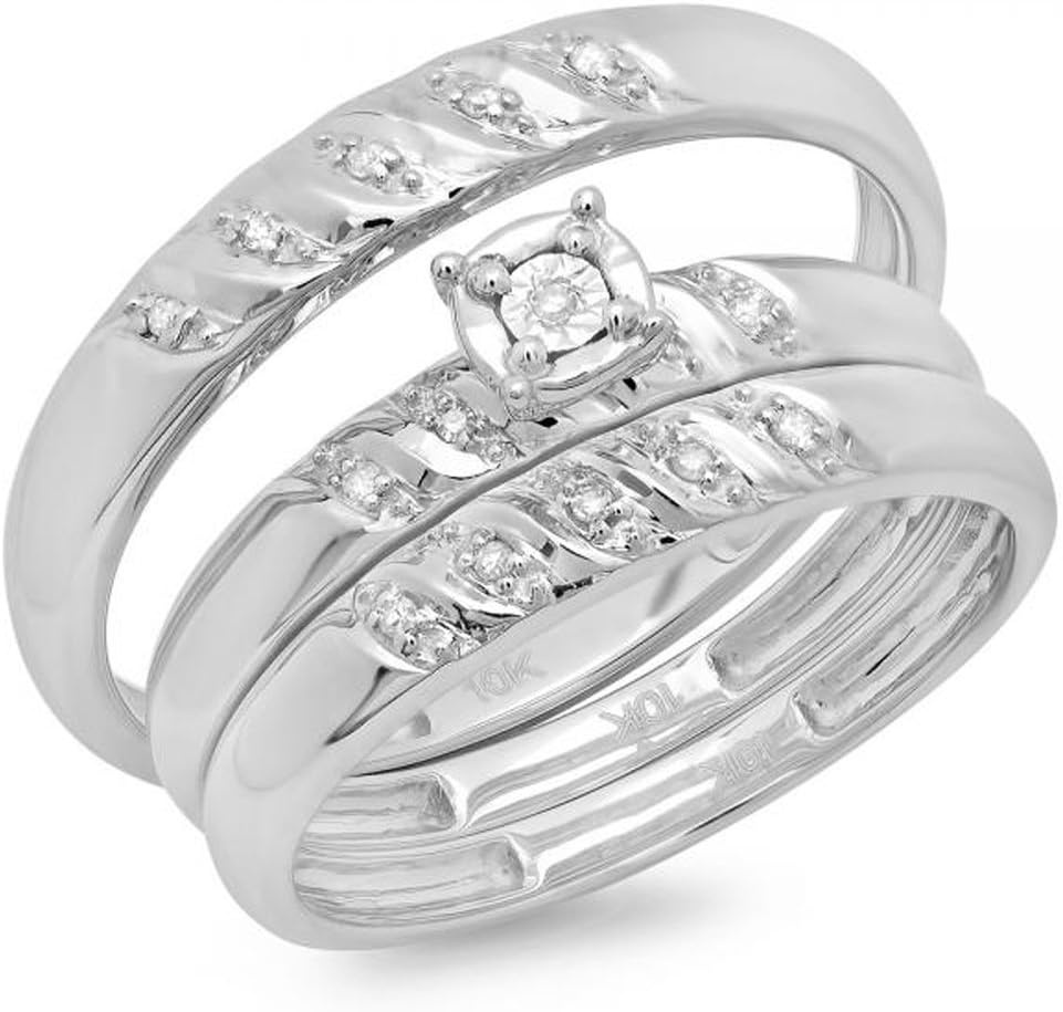 Dazzlingrock Collection 0.08 Carat (ctw) 10K Round Cut White Diamond Men & Women's Fashion Engagement Ring Trio Set, White Gold