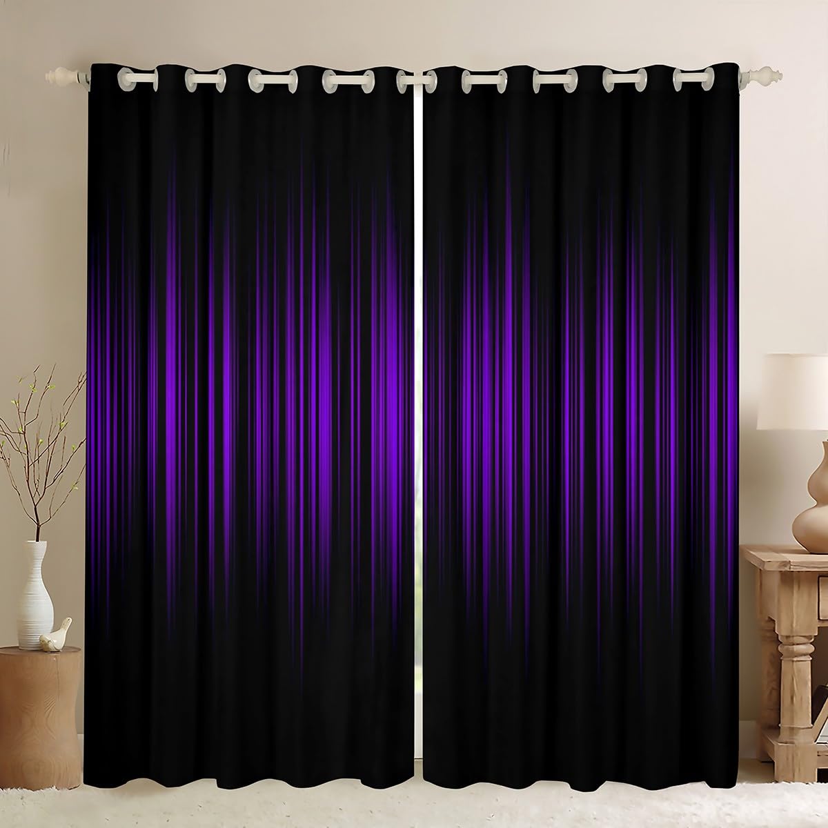 Homemissing Boys Multicolored 13229 Missing Purple & Black Abstract Ombre Blackout Curtains - Gradient Purple & Black Lines - W46*L54