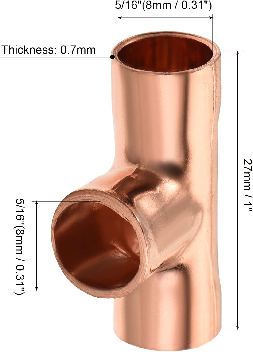 MECCANIXITY Tee Copper Fitting 3 Way Welding Joint 5/16 Inch ID for HVAC Air Conditioner, Pack of 2