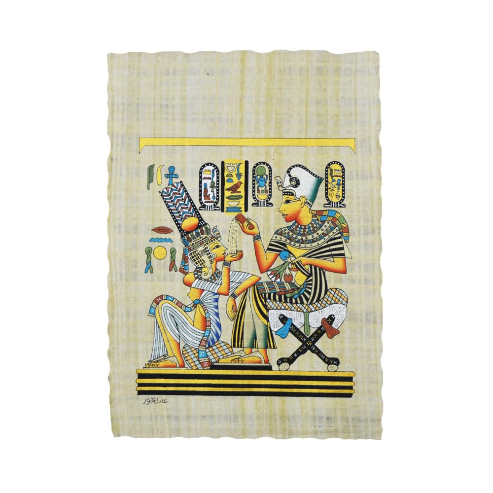 Papyrus égyptien fait main peinture Toutânkhamon tableau 33x43 cm