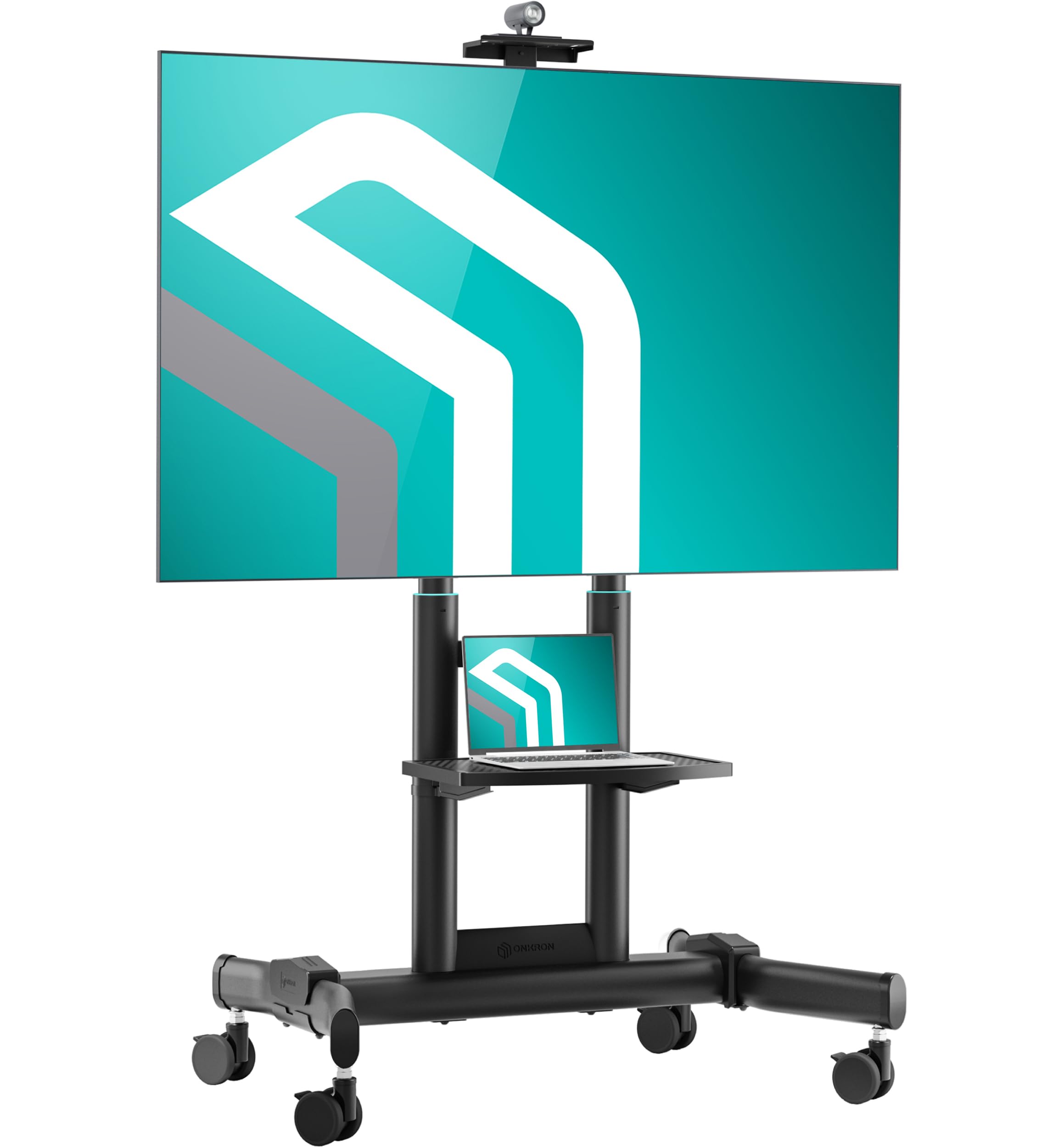 ONKRON Mobile TV Stand 50-90 Inch, up to 200 lbs, max VESA 800x600, Black | TV rolling cart height adjustable 45.6"-63.4", AV & webcam shelves, cable channels, locking wheels; for offices & events
