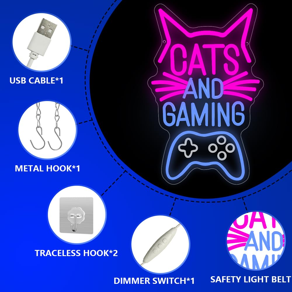 Cats and Gaming Panneau Néon, Panneaux de Lumière Néon Gaming Cat pour la Décoration Murale de la Salle de Jeux, de la Chambre à Coucher Cadeau d'Anniversaire pour les Enfants, Garçons et Filles
