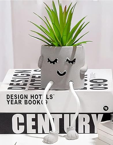 Miniatura 8 de Mini cactus realistas suculentas artificiales con pies colgantes sonrientes, plantas suculentas falsas en maceta de hormigón gris, macetas modernas