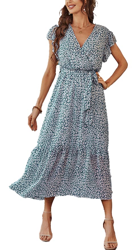 Jiraewh Damen Blumen Lange Kleid Chiffon Rüschen Kurzarm V-Ausschnitt...