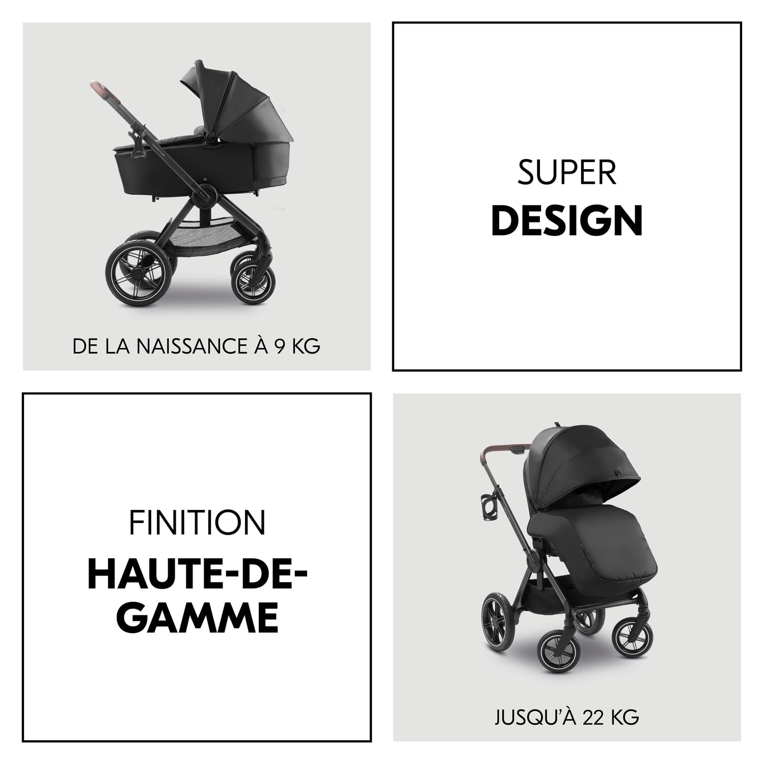 hauck Poussette 2 en 1 avec Pneus en caoutchouc, Comfort N Care Set Black | De la naissance à 22 kg (4 ans), nacelle à boutons mémoire, siège réversible avec couvre-jambes, UPF 50+, adaptateurs cosy