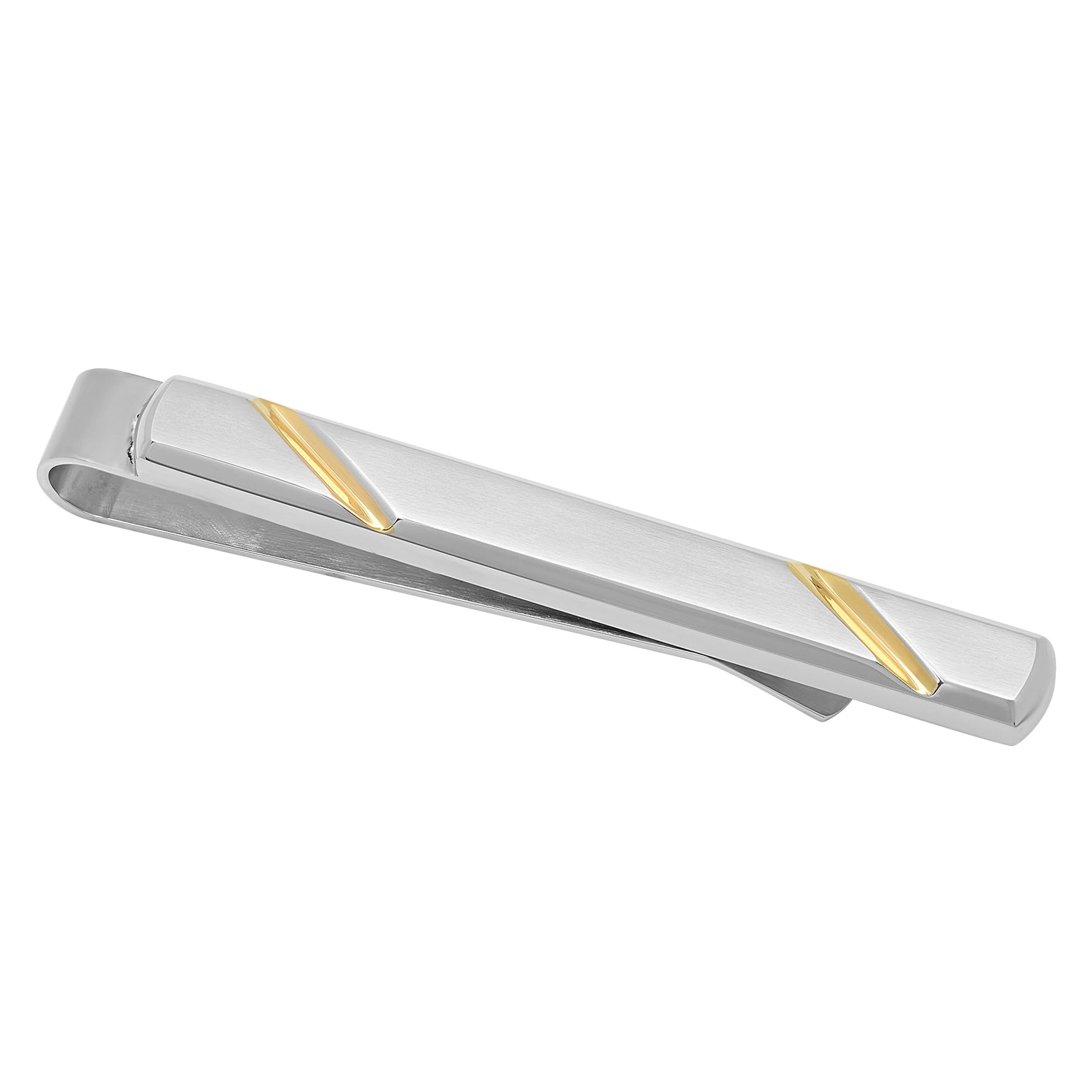 Pince à cravate bicolore en acier inoxydable finition or jaune et argent à rayures diagonales