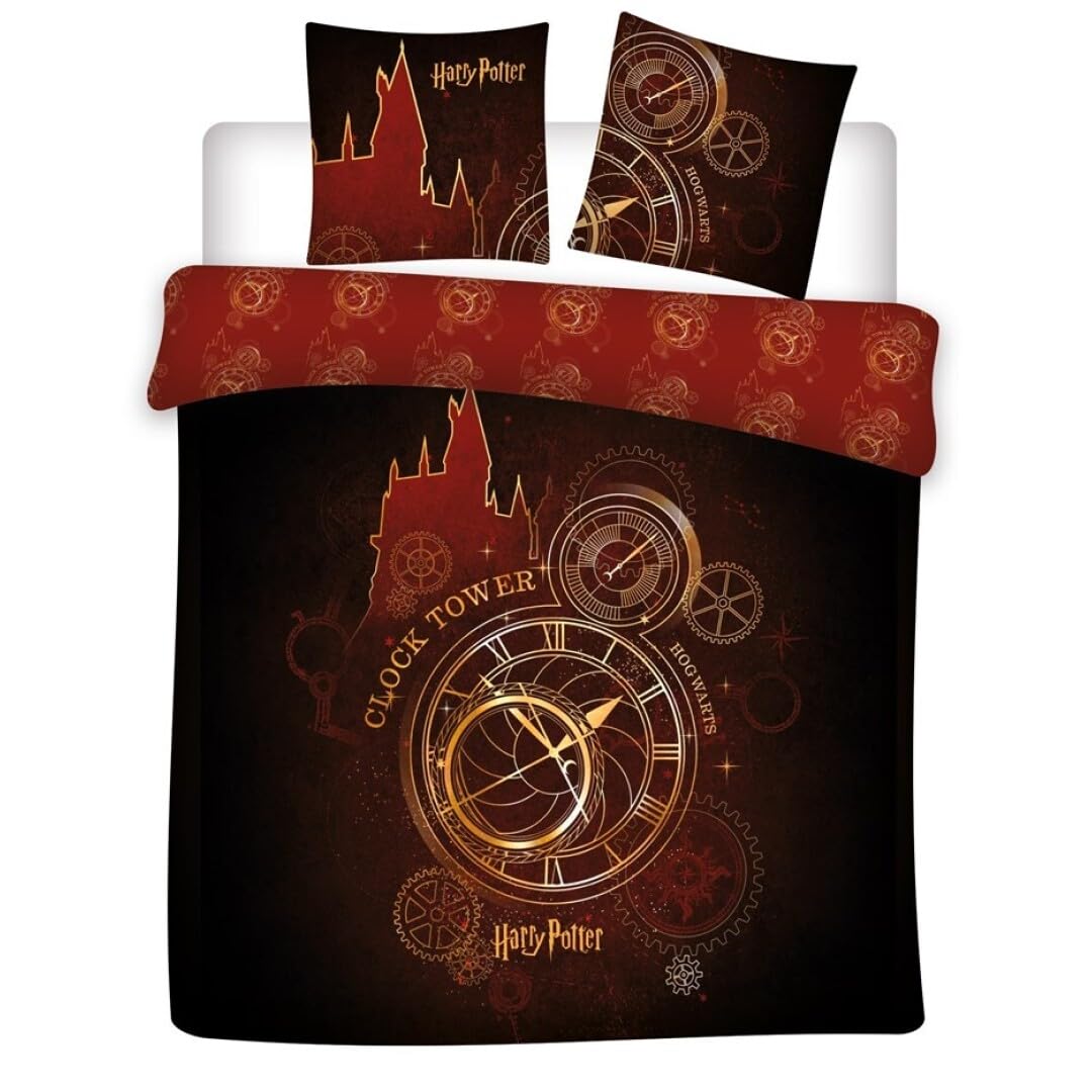 Aymax Black Harry Potter Clock Tower Double Bedding Set, Duvet Cover 240 X 220 Cm + 2 Pillowcases 65 X 65 Cm, Polycotton