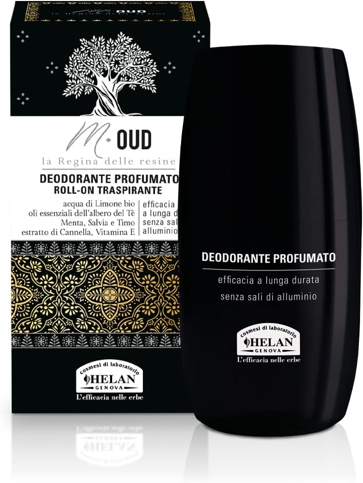 Helan, M Oud, Men’s Deodorant Roll-On Scented and Breathable – Fresh and Skin Gentle Deodorant, without Aluminum Salts, with Essential Oils – Long Lasting Action, 50 ml – Made in Italy