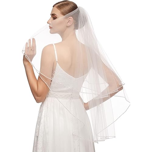 emondora 2T Short Sequin Pearl Edge Crystals Beaded Bling Wedding Bridal Veil