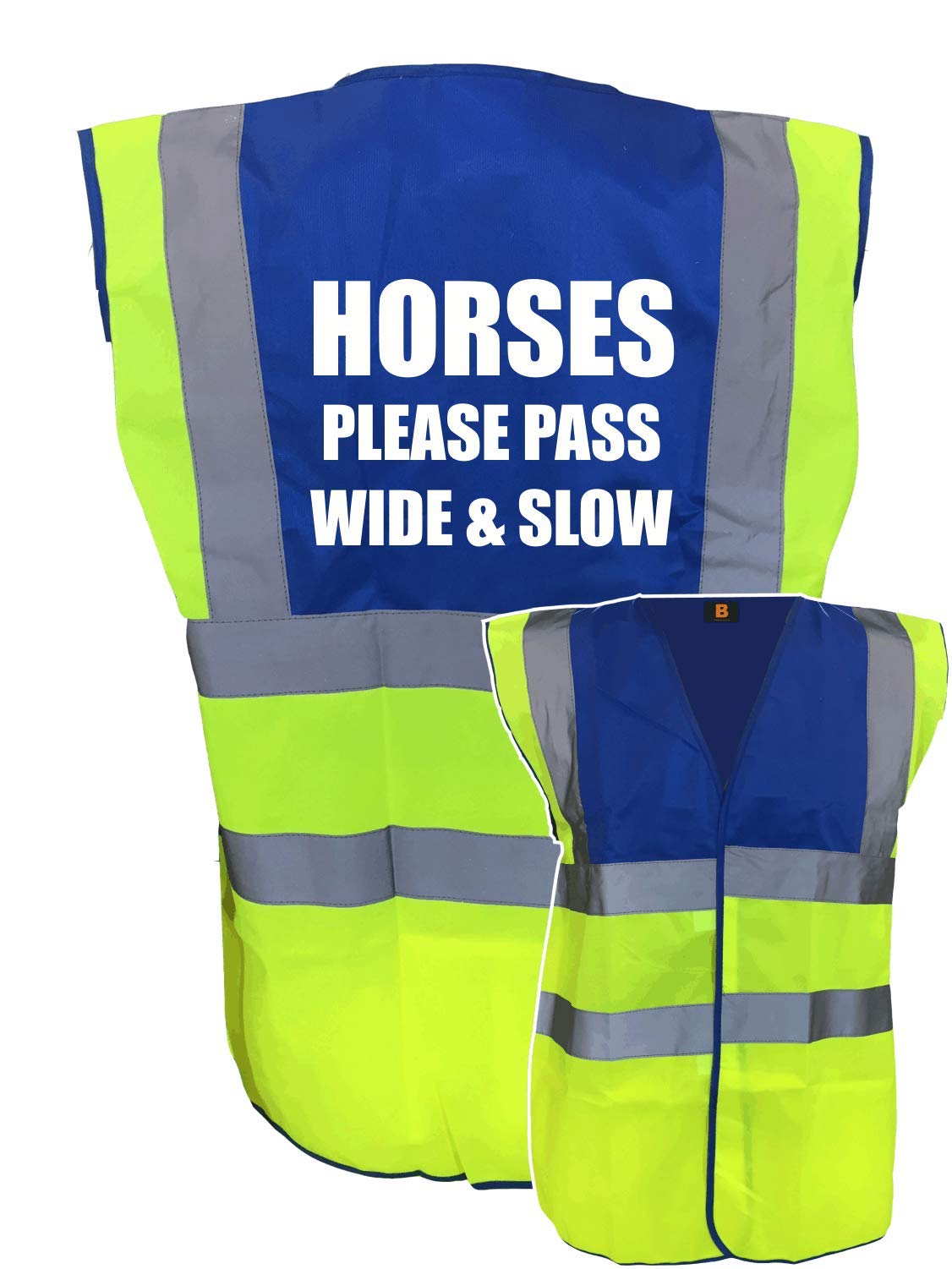 Equestrian Horses Please Pass Wide And Slow Hi Viz Vis Vest Horse Riding Reflective Waistcoat Jacket Road Safety Visibility Yellow/Blue Medium