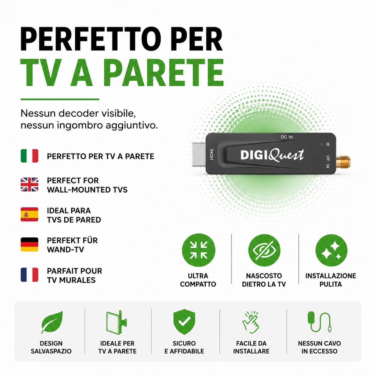 Digiquest DecoderTerrestre, XO Stick, DVB-T2, Schwarz - Sparen Sie Energie durch die Stromversorgung des Fernsehgeräts, 2-in-1-Fernbedienung, ideal für Wandfernseher