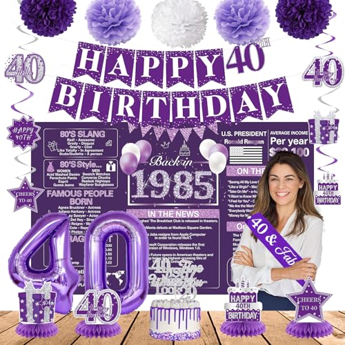 Image of Crenics Purple 40th Birthday Decorations for Women - Back in 1985 Backdrop, Banner, Swirls, Honeycomb, Sash, Paper Pom Poms and Balloons for 40 Birthday Party Supplies