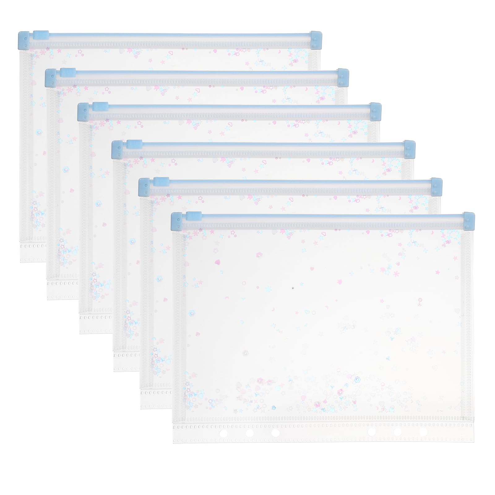 PATIKIL 6Pcs A5 Plastic Binder Zipper, Binder Pockets 9 x 7 Clear Envelope Folders Planner Waterproof Pouch Filing with Sequin Decor for Document Notebook Card Organizer, Light Blue