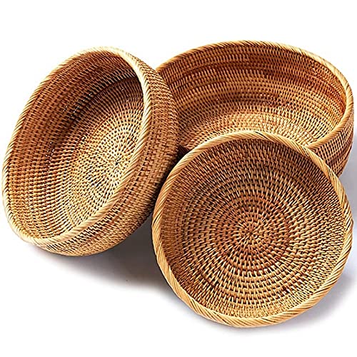 Handwoven Round Rattan Fruit Basket Wicker Food Tray Weaving Storage Holder Dining Room Bowl (10.24x3.15in)