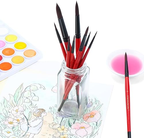 Miniatura 5 de Transon Juego de 9 brochas de pintura redonda para acuarela, acrílico, gouache, aceite, témpera, esmalte y pintura facial